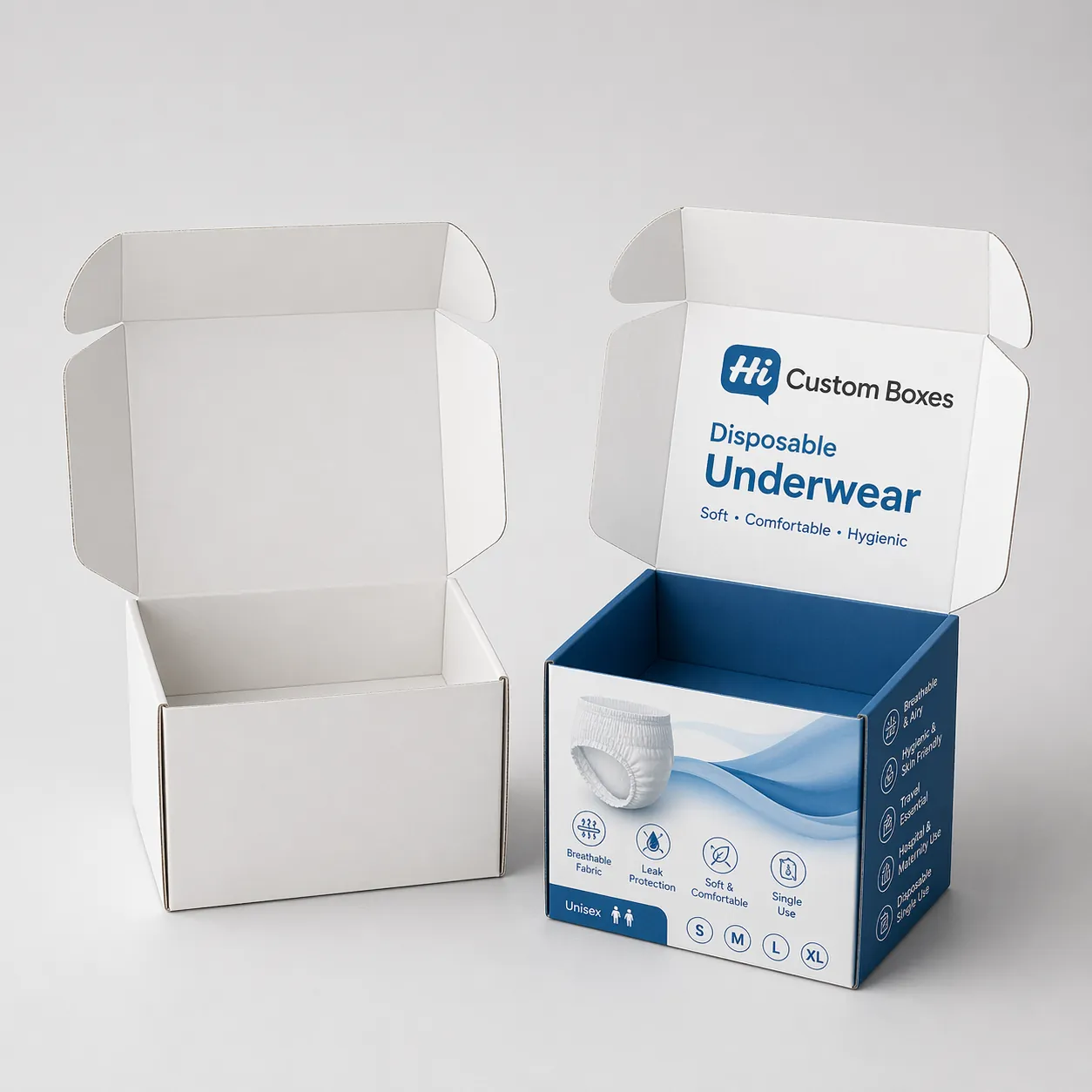 Two square cardboard boxes, one plain and one printed with purple floral feminine care designs. class=